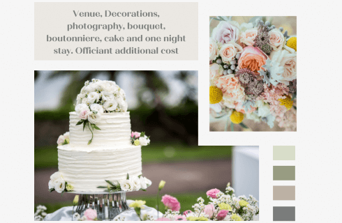 Collage with flowers, color options and two tiered white wedding cake adorned with flowers