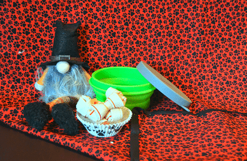 A tiny black toy and bowl of dog bones by a green bowl on a black and red material of dog paws.